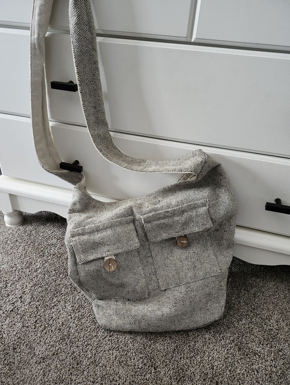 Womans  Neutral Gray Canvas Crossbody Messenger Bag